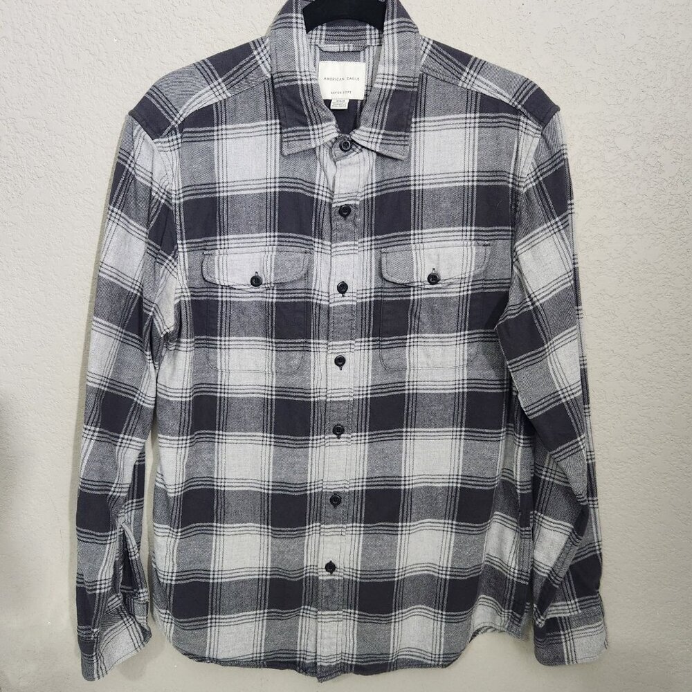 American Eagle Shirt Mens Size M Soft Plaid Flannel Button-down Gray Black White